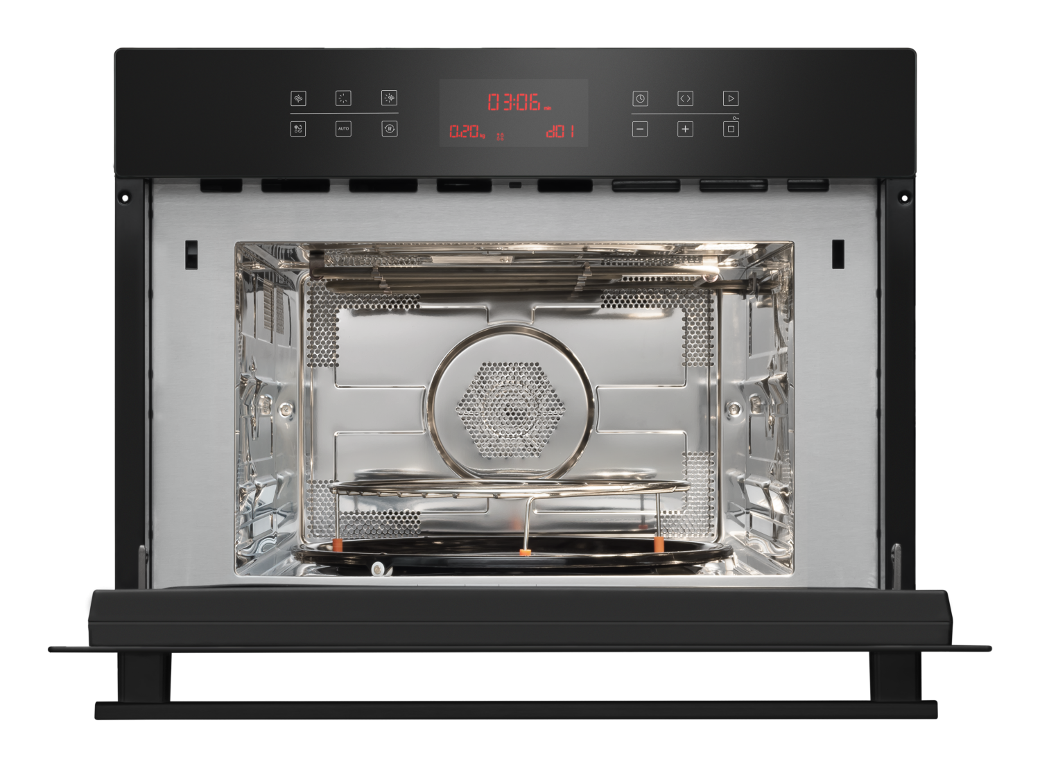 Kompakt-Einbaubackofen mit Mikrowellenfunktion, X-type Design, Schwarzglas, Edelstahl Garraum, 44 Liter Kompakt-Einbaubackofen mit Mikrowellenfunktion, X-type Design, Schwarzglas, Edelstahl Garraum, 44 Liter