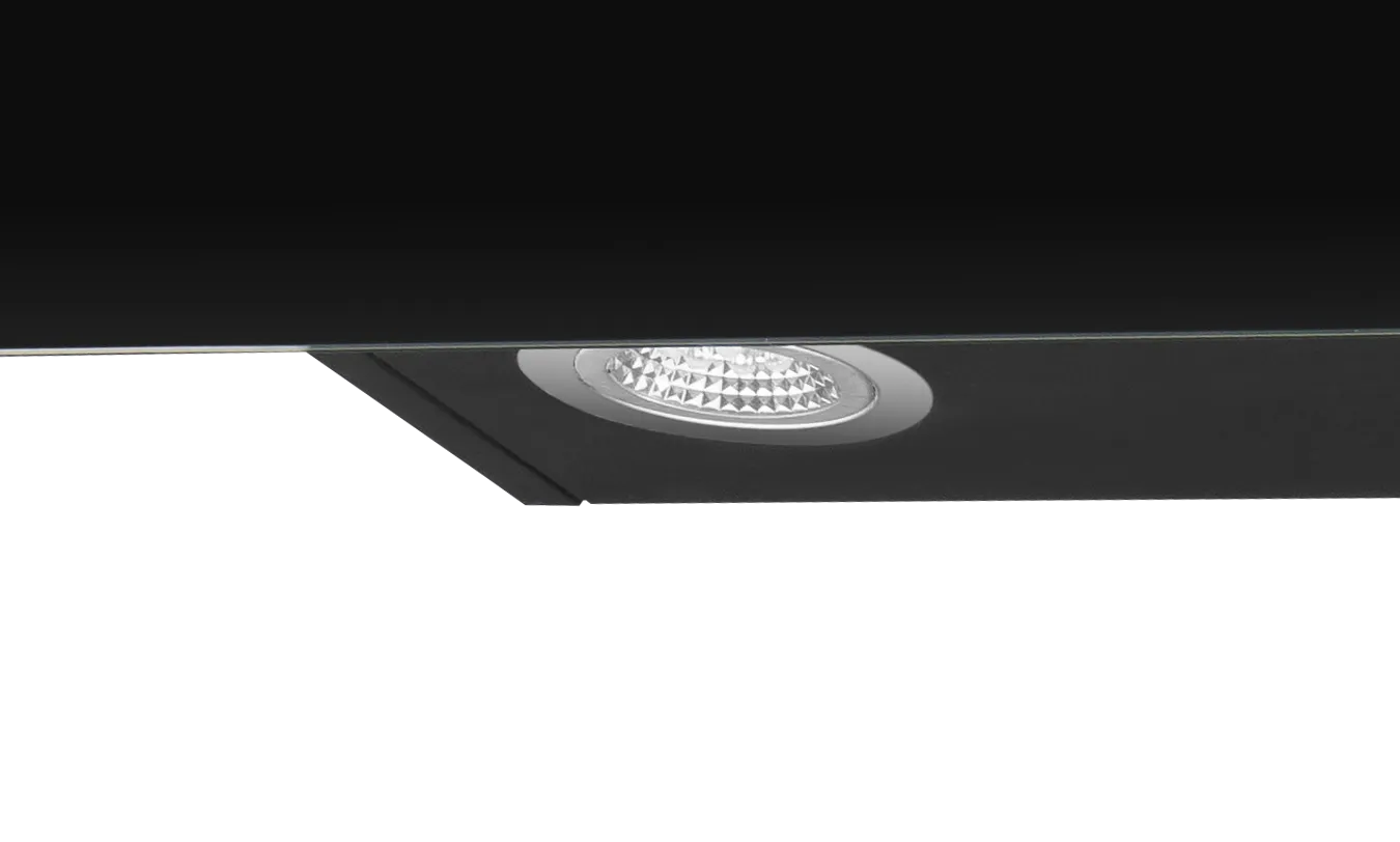 Kaminhaube, Stripe X, 80 cm, Schwarzer Glasschirm, Edelstahlstreifen Kaminhaube, Stripe X, 80 cm, Schwarzer Glasschirm, Edelstahlstreifen
