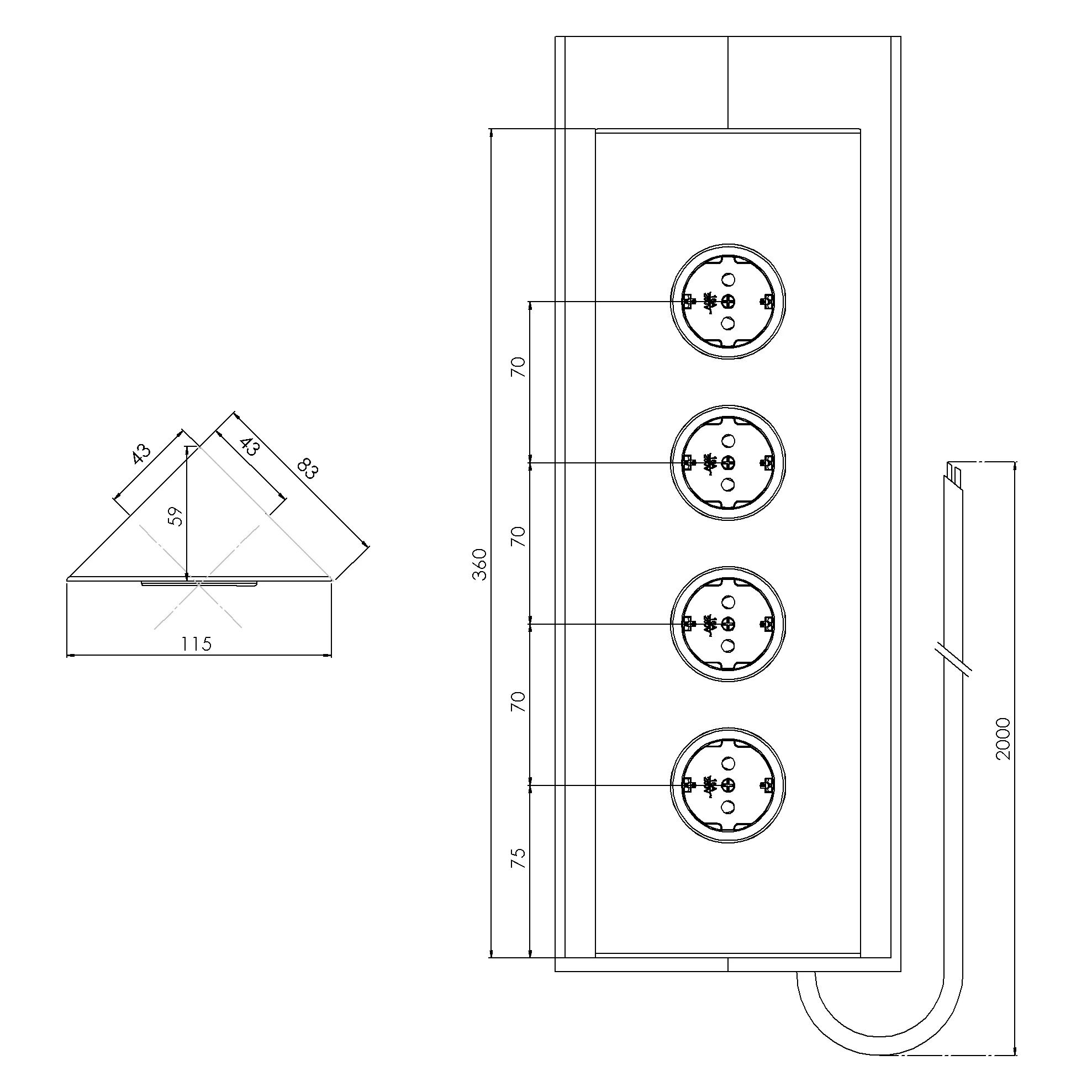 Eck-Energiebox, 360mm,4Steckdosen, Samt Gold