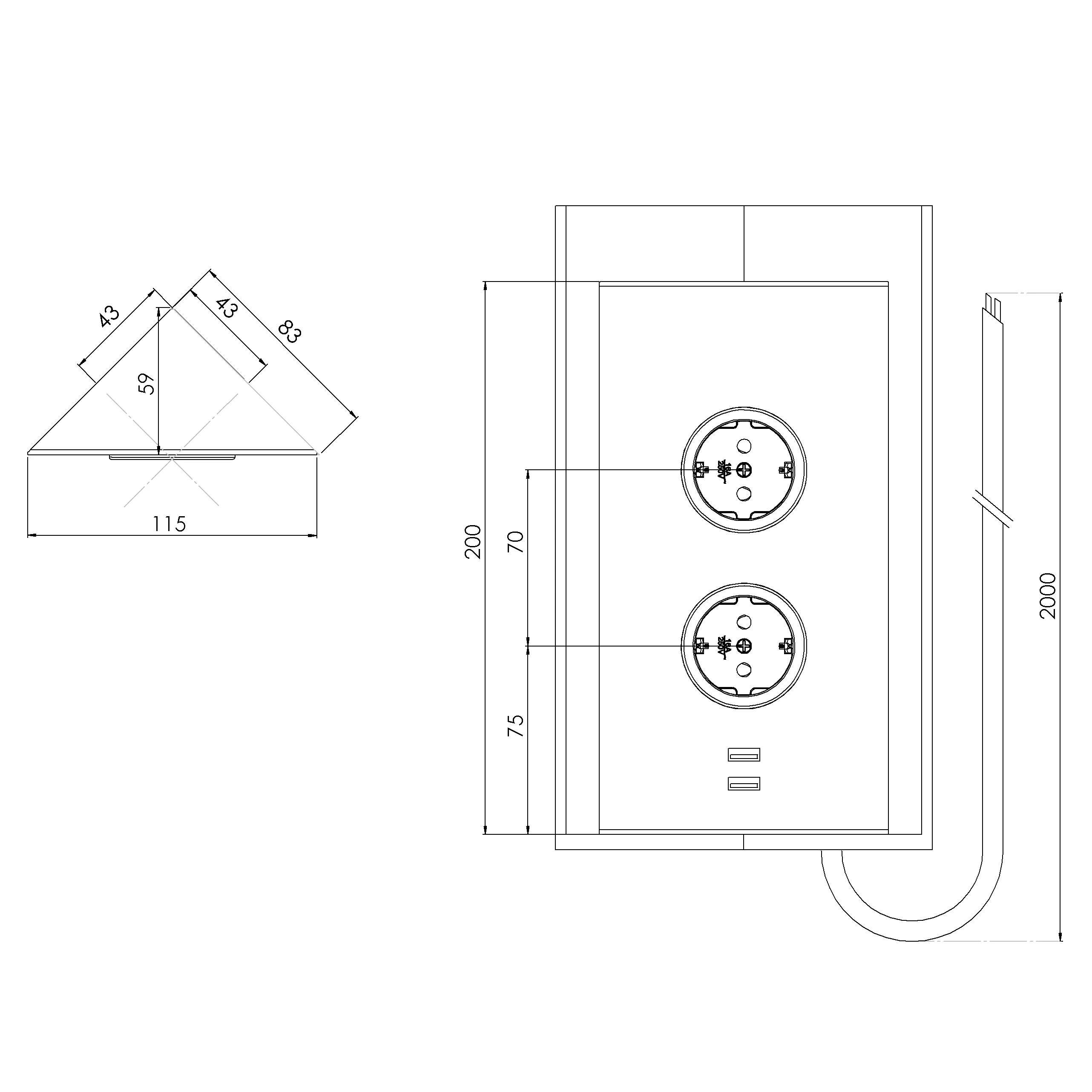Eck Energiebox 2fach USB schwarz matt