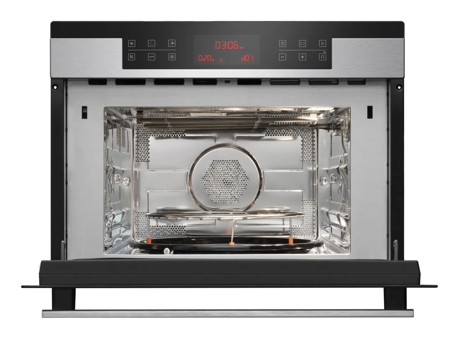 Kompakt-Einbaubackofen mit Mikrowellenfunktion, X-type Design, Edelstahl, Edelstahl Garraum, 44 Liter Kompakt-Einbaubackofen mit Mikrowellenfunktion, X-type Design, Edelstahl, Edelstahl Garraum, 44 Liter