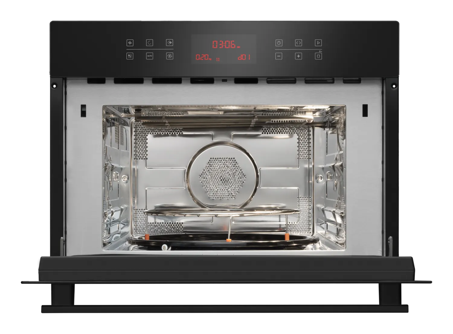 Kompakt-Einbaubackofen mit Mikrowellenfunktion, X-type Design, Schwarzglas, Edelstahl Garraum, 44 Liter
