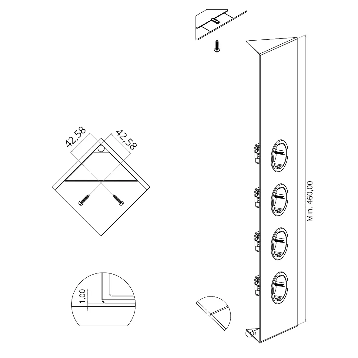 Eck-Energiebox 4 fach 460-580mm Edelstahl